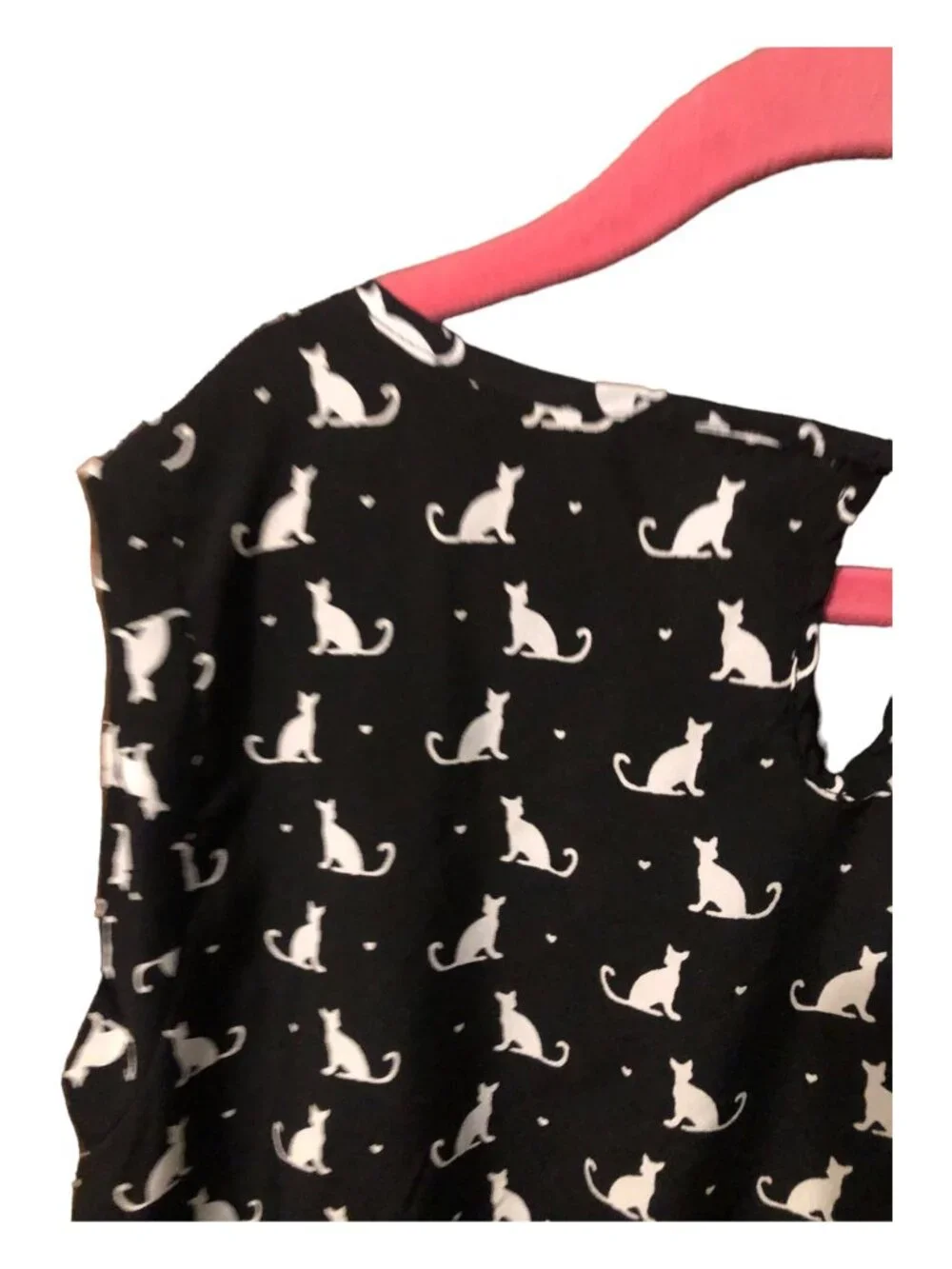 White Cat Print Black Short Sleeve Sun Dress Accent Bow Pockets Sz XL (14-6)